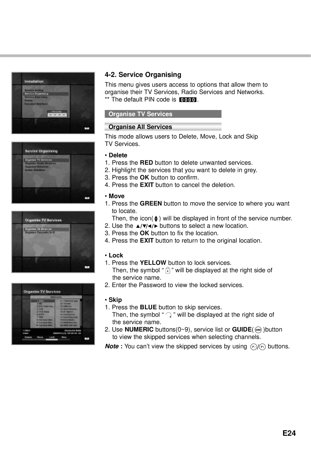 Humax CI-5100X manual E24, Service Organising, Organise TV Services 