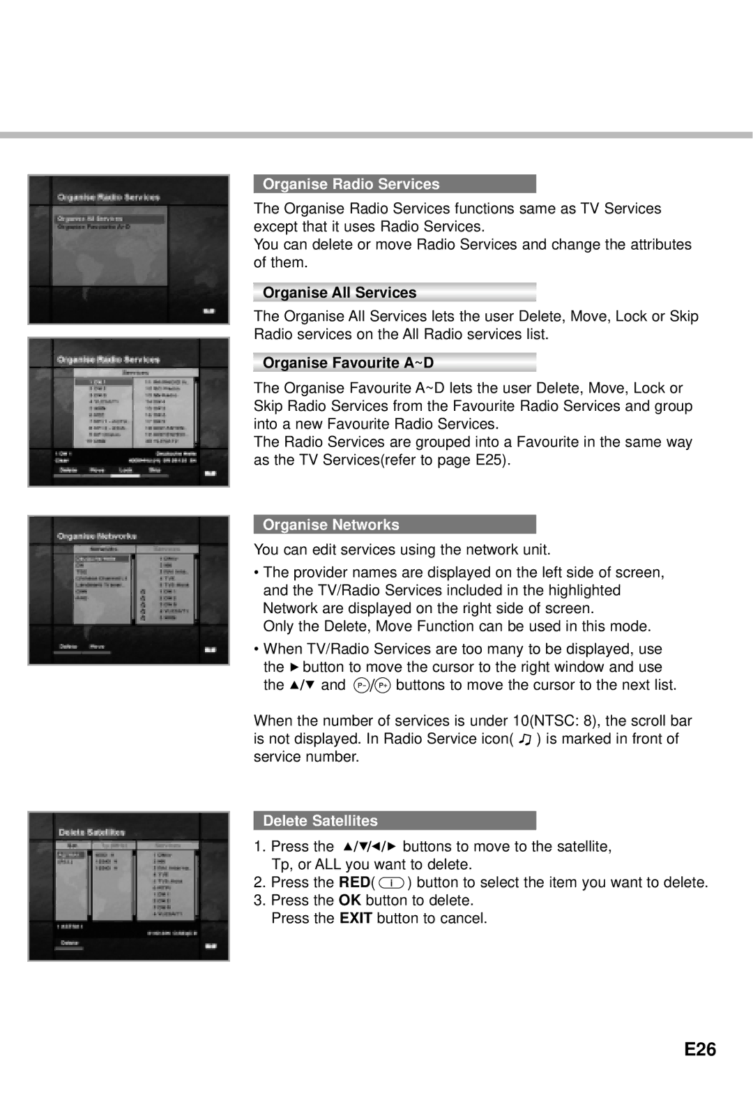 Humax CI-5100X manual E26, Organise Radio Services, Organise Networks, Delete Satellites 