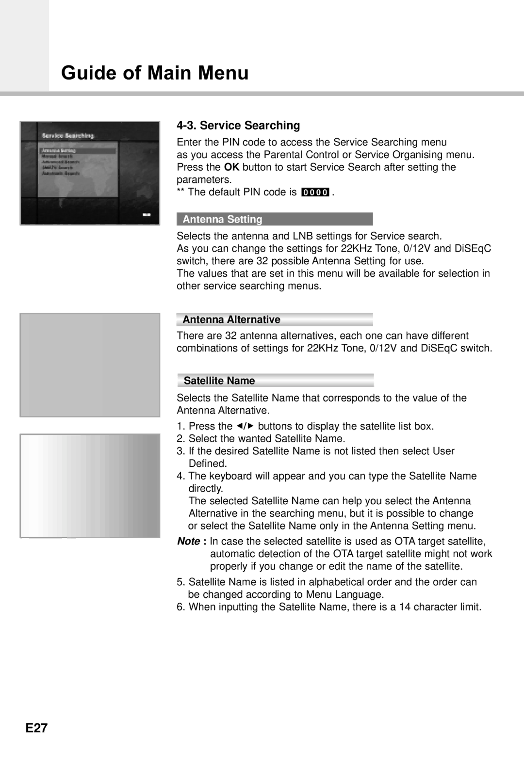 Humax CI-5100X manual E27, Service Searching, Antenna Setting, Antenna Alternative, Satellite Name 