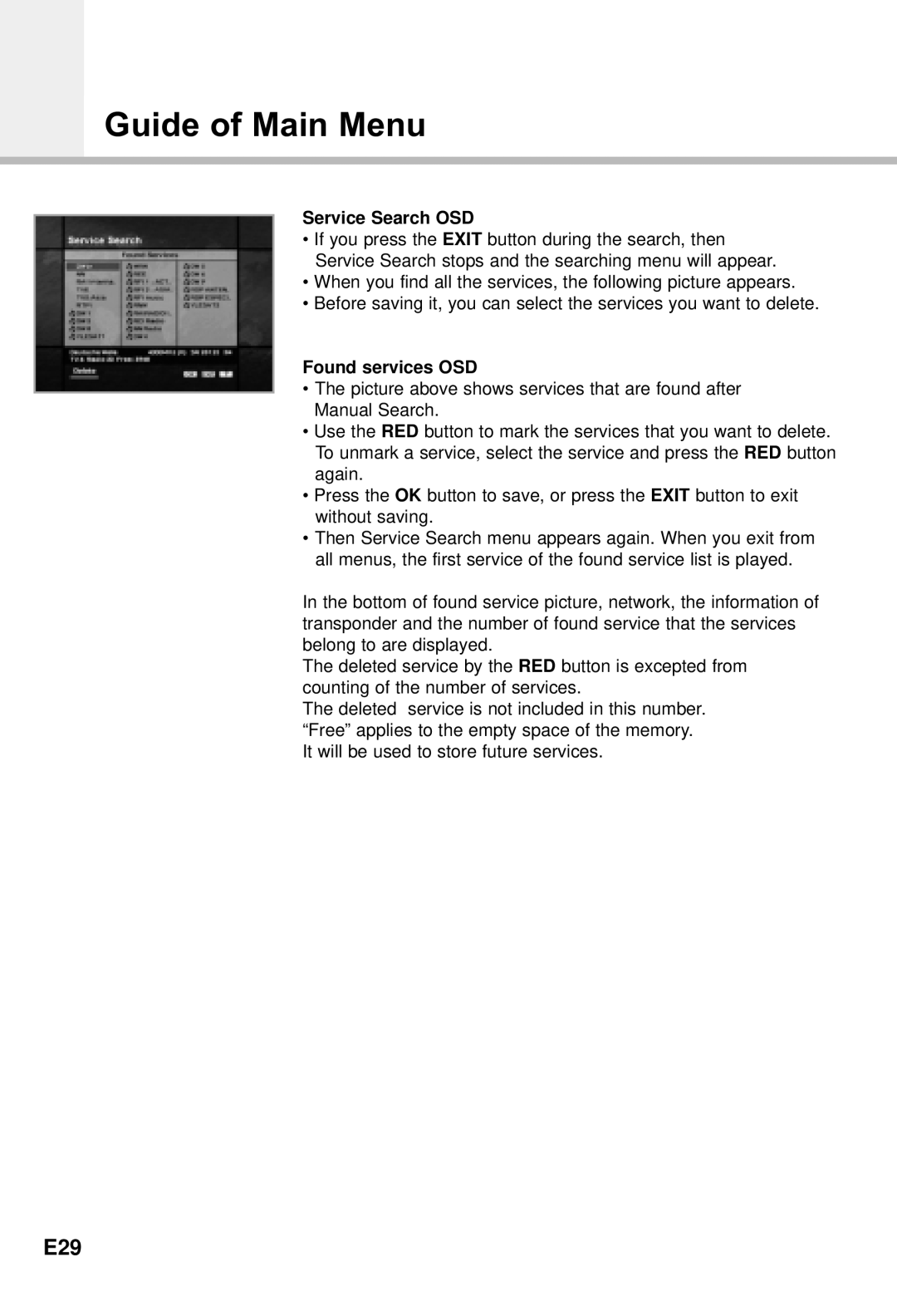 Humax CI-5100X manual E29, Service Search OSD, Found services OSD 