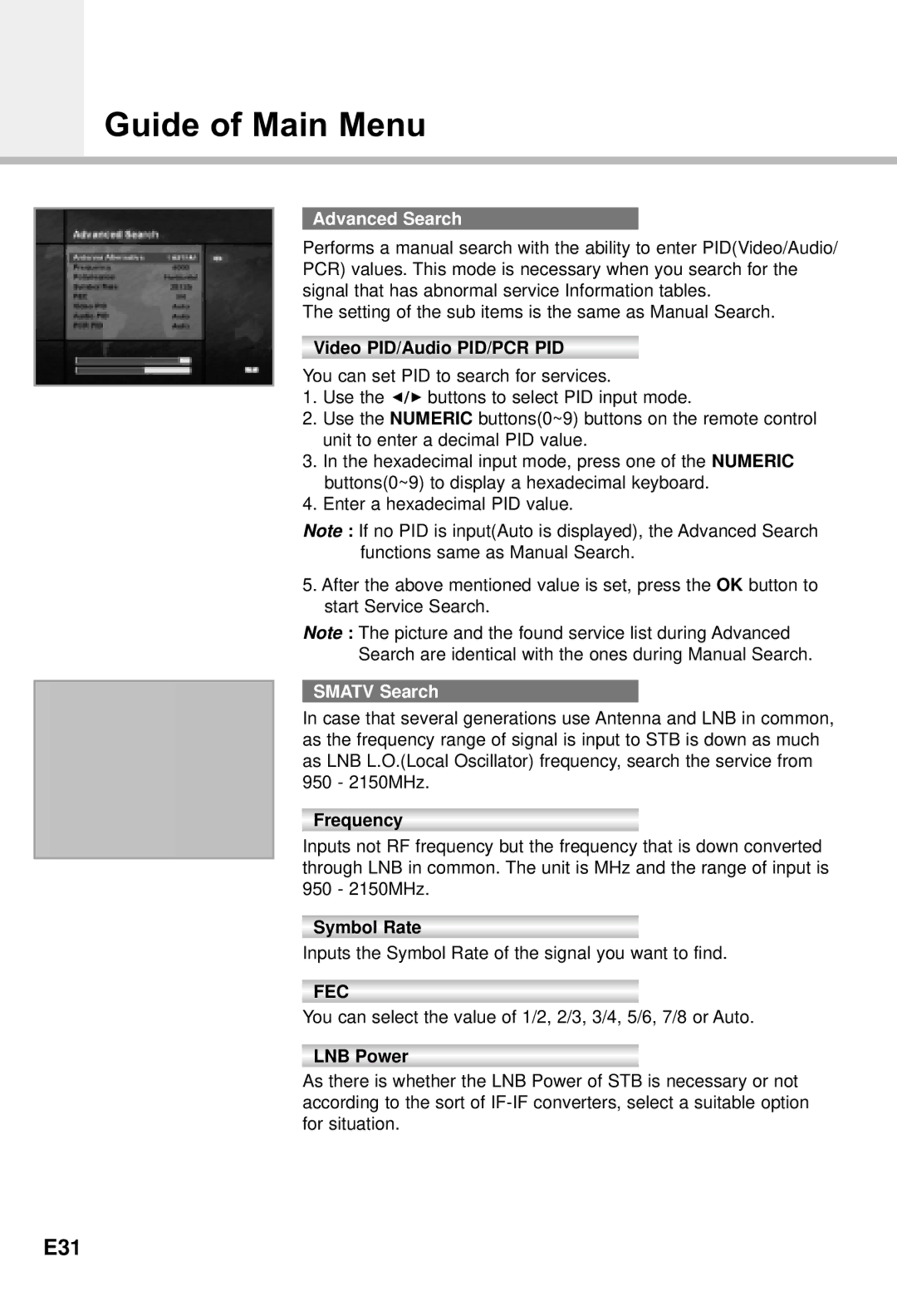 Humax CI-5100X manual E31, Advanced Search, Video PID/Audio PID/PCR PID, Smatv Search, LNB Power 