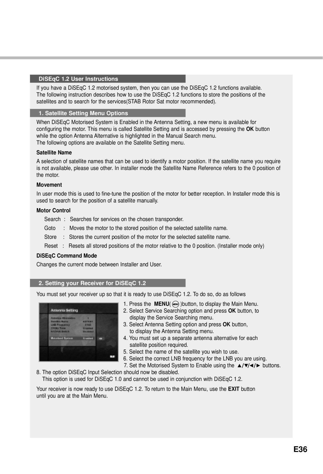 Humax CI-5100X manual E36, DiSEqC 1.2 User Instructions 