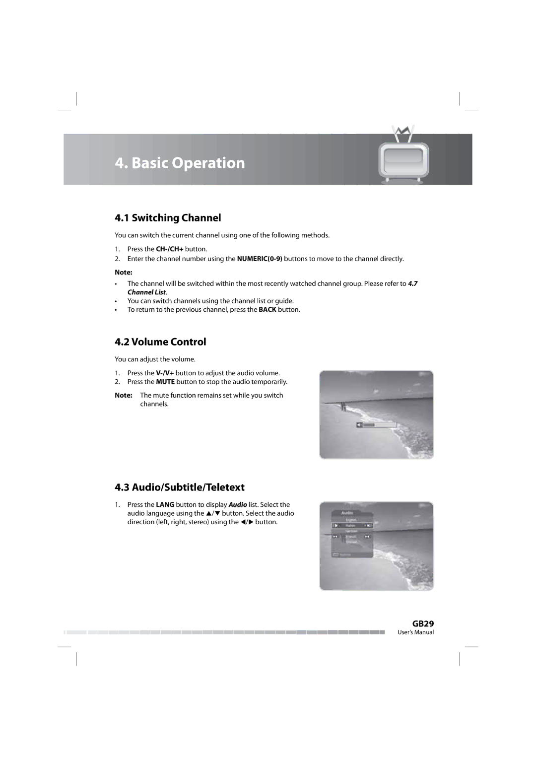 Humax COMBO-9000 manual Basic Operation, Switching Channel, Volume Control, Audio/Subtitle/Teletext 