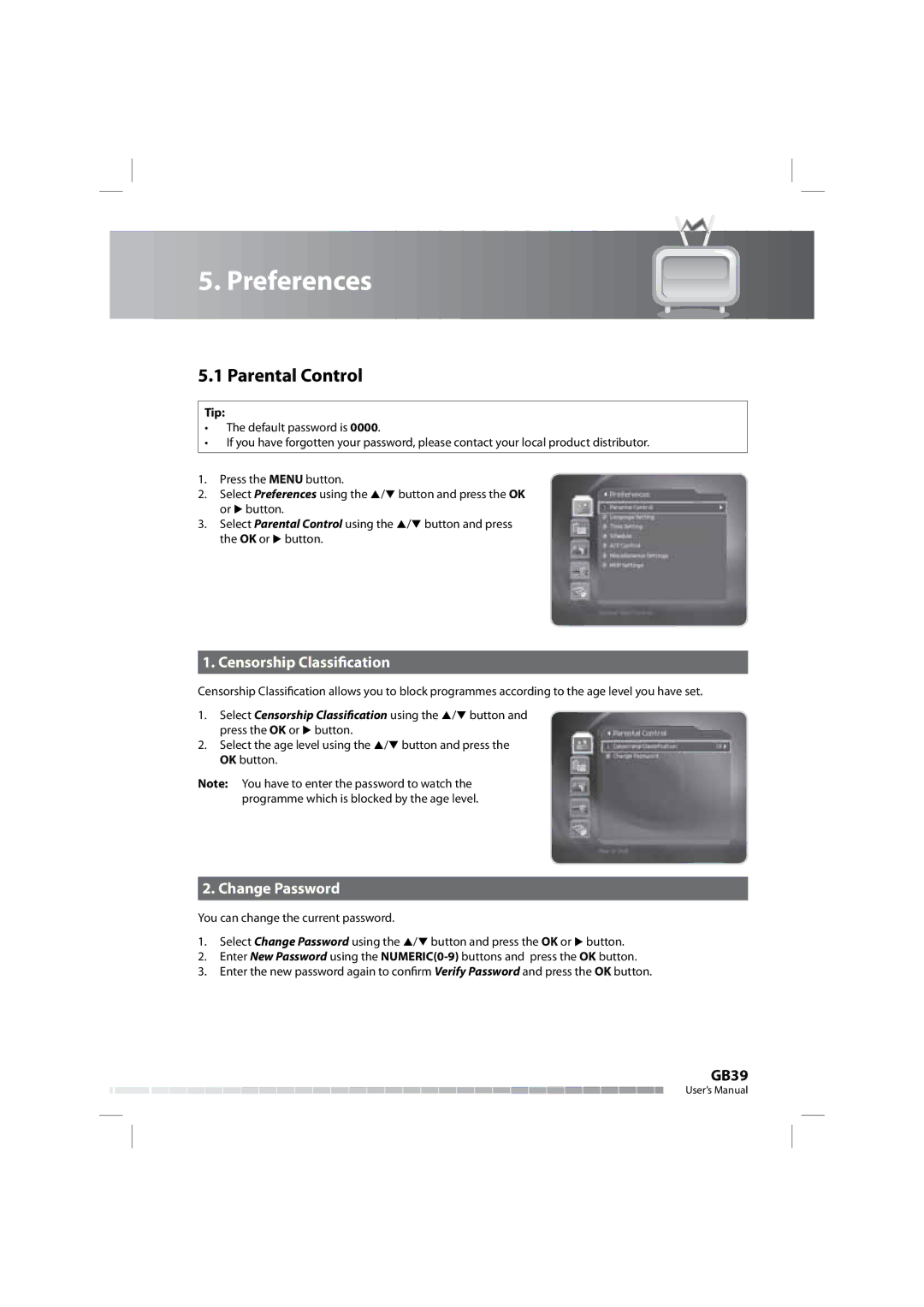 Humax COMBO-9000 manual Preferences, Parental Control, Censorship Classification, Change Password 