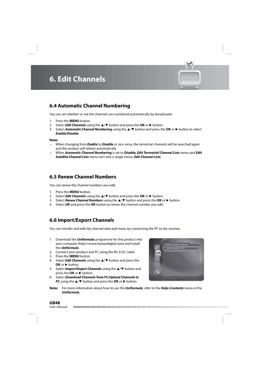 Humax COMBO-9000 manual Automatic Channel Numbering, Renew Channel Numbers, Import/Export Channels 