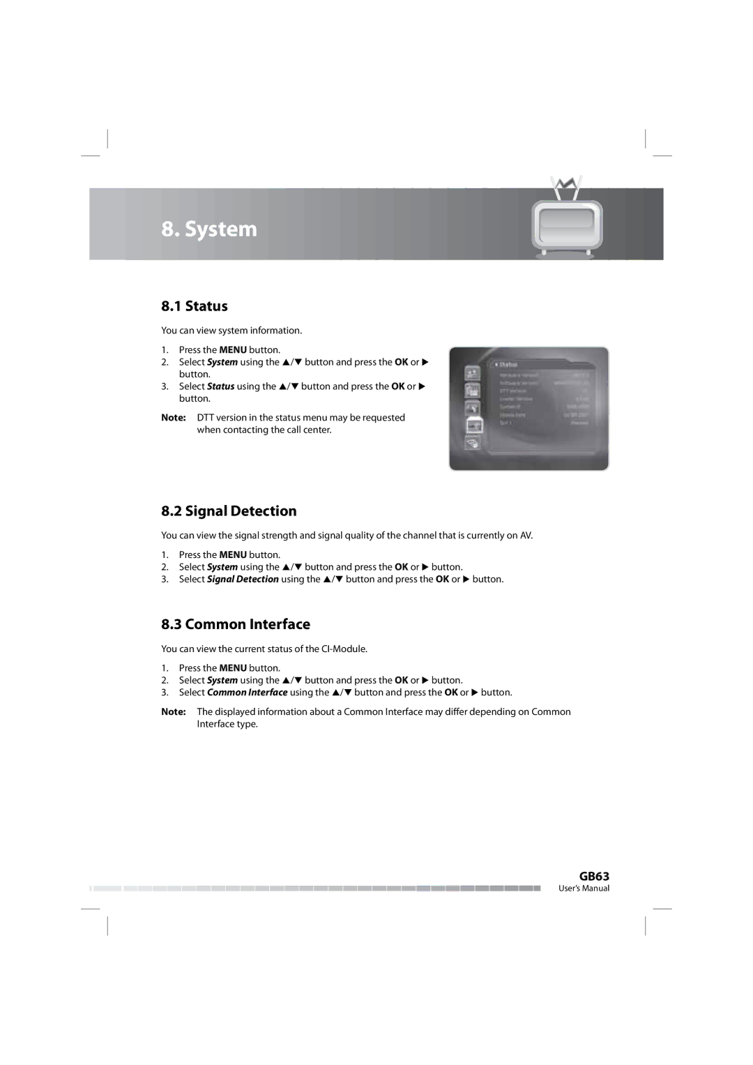 Humax COMBO-9000 manual System, Status, Signal Detection, Common Interface 