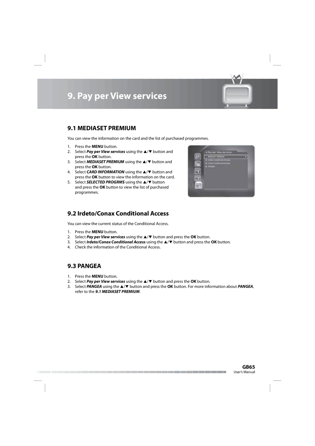 Humax COMBO-9000 manual Pay per View services, Irdeto/Conax Conditional Access 