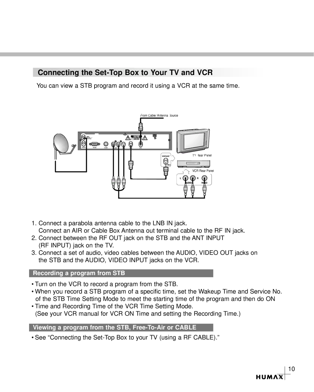 Humax CR-3510 manual Recording a program from STB, Viewing a program from the STB, Free-To-Air or Cable 