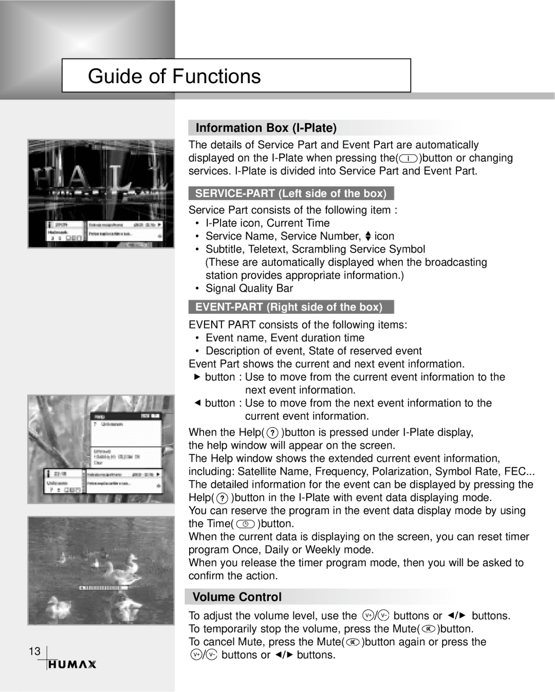 Humax CR-3510 manual Guide of Functions, Information Box I-Plate, Volume Control, SERVICE-PART Left side of the box 