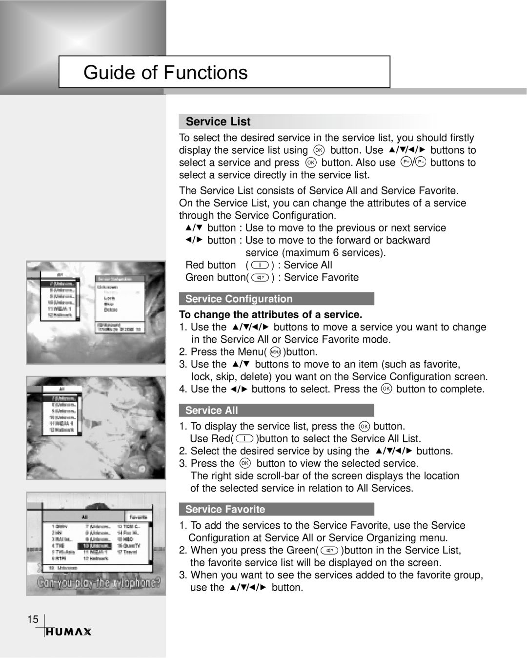 Humax CR-3510 Service List, Service Configuration, To change the attributes of a service, Service All, Service Favorite 