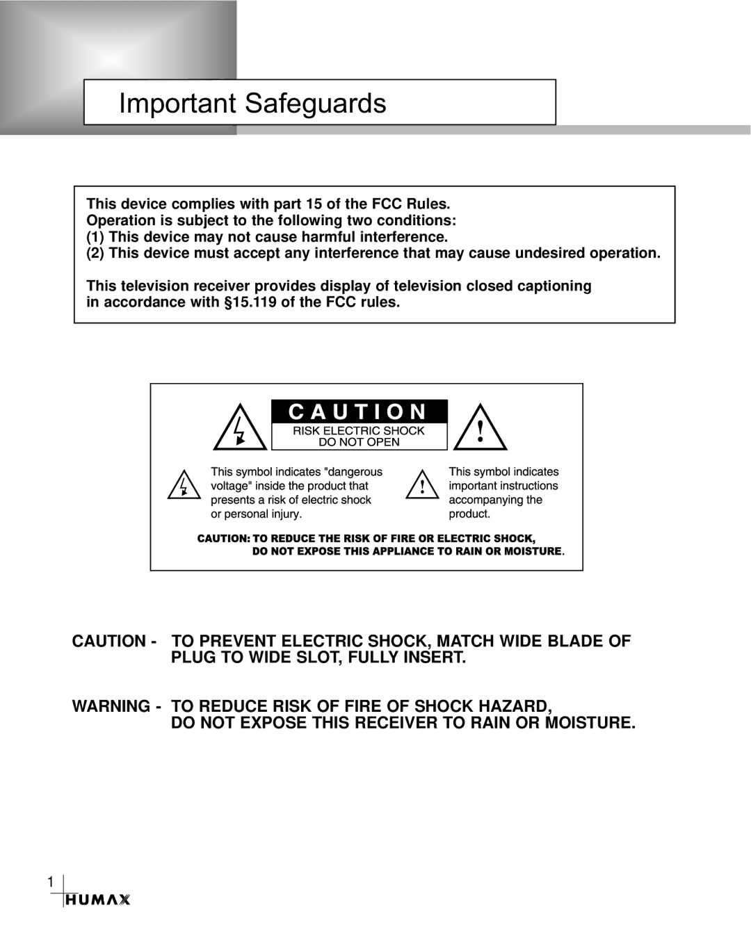 Humax CR-3510 manual Important Safeguards, Do not Expose this Receiver to Rain or Moisture 