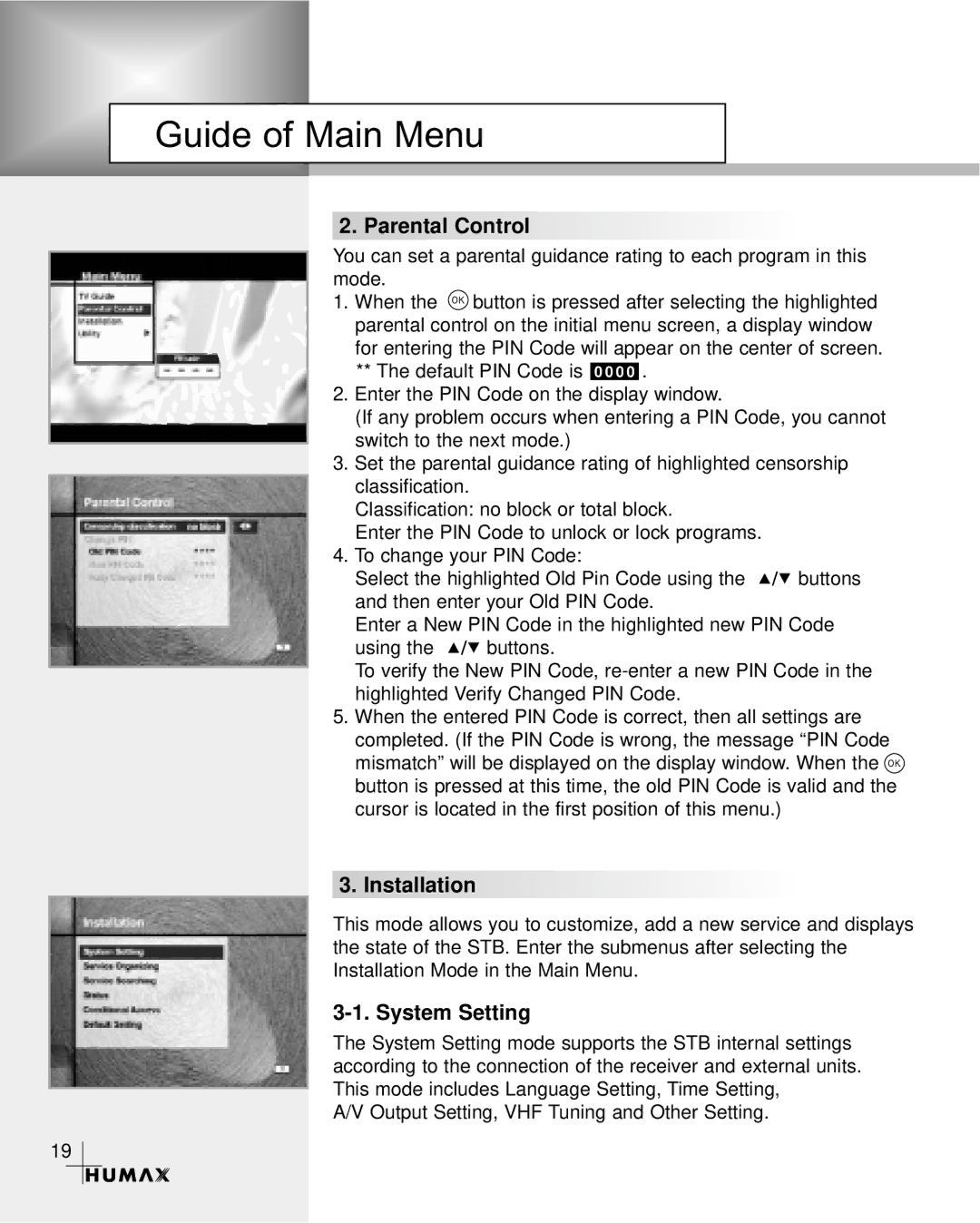 Humax CR-3510 manual Parental Control, System Setting 