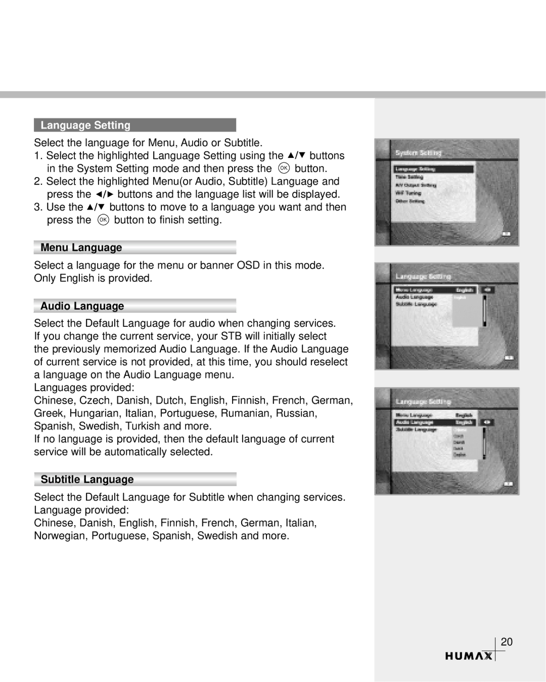 Humax CR-3510 manual Language Setting, Menu Language, Audio Language, Subtitle Language 