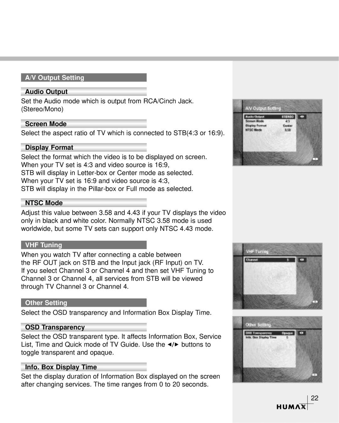 Humax CR-3510 manual Output Setting, VHF Tuning, Other Setting 