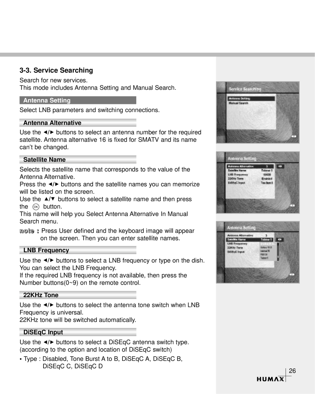 Humax CR-3510 manual Service Searching, Antenna Setting 