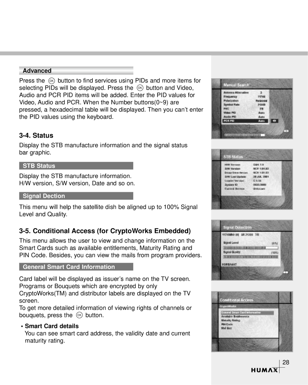 Humax CR-3510 Conditional Access for CryptoWorks Embedded, STB Status, Signal Dection, General Smart Card Information 