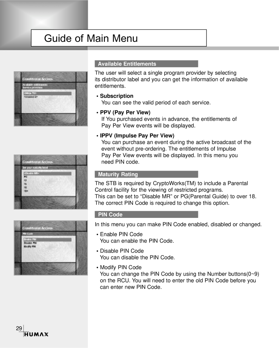 Humax CR-3510 manual Available Entitlements, Maturity Rating, PIN Code 