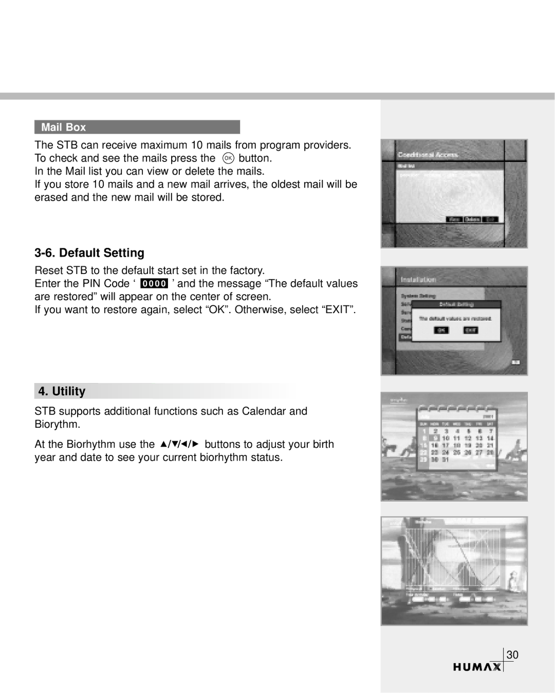 Humax CR-3510 manual Default Setting, Mail Box 