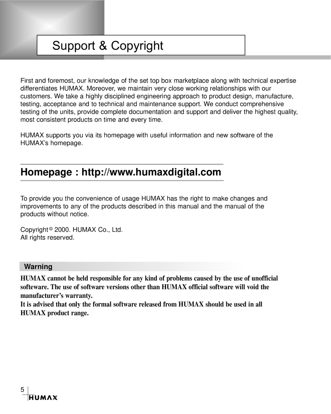 Humax CR-3510 manual Support & Copyright 