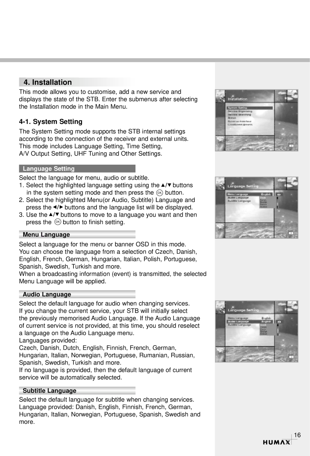 Humax CRCI-5500 manual System Setting, Language Setting, Menu Language, Audio Language, Subtitle Language 