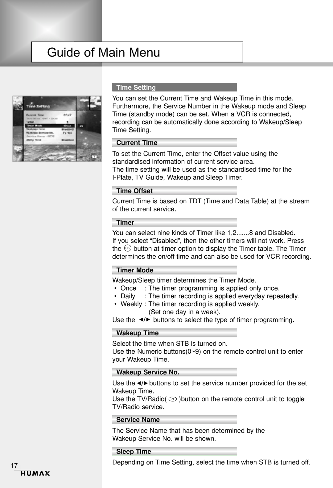 Humax CRCI-5500 manual Time Setting 