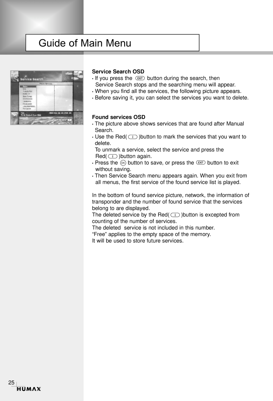 Humax CRCI-5500 manual Service Search OSD, Found services OSD 