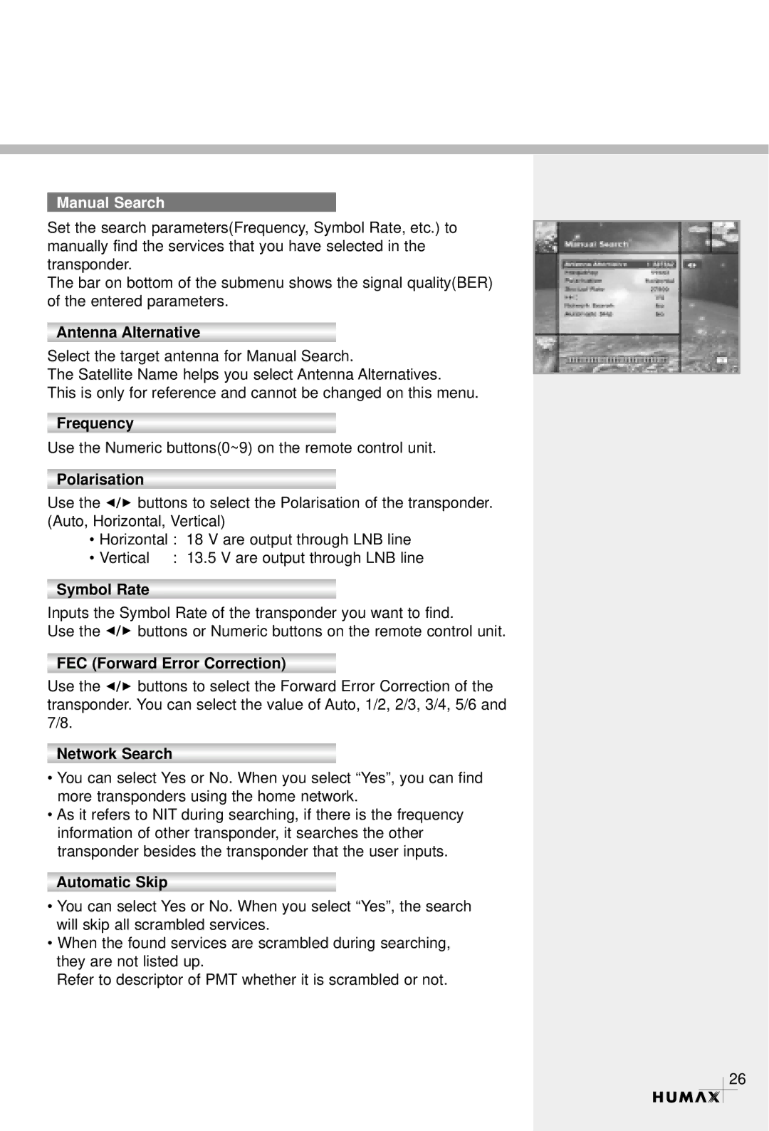 Humax CRCI-5500 manual Manual Search, Symbol Rate, FEC Forward Error Correction, Network Search, Automatic Skip 