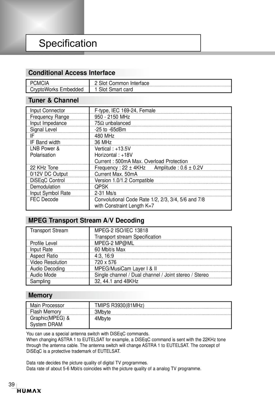 Humax CRCI-5500 manual Specification, Tuner & Channel 