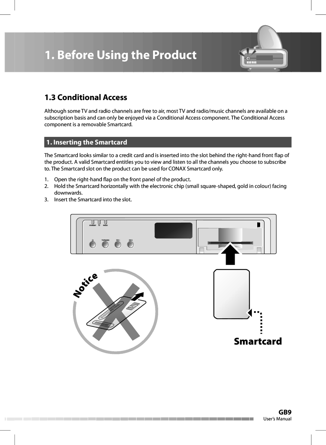 Humax CX-FOX C II manual Conditional Access, Inserting the Smartcard 