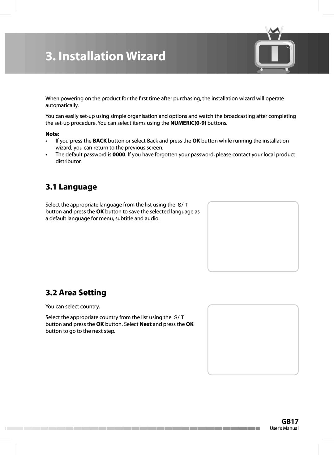 Humax CX-FOX C II manual Language, Area Setting 