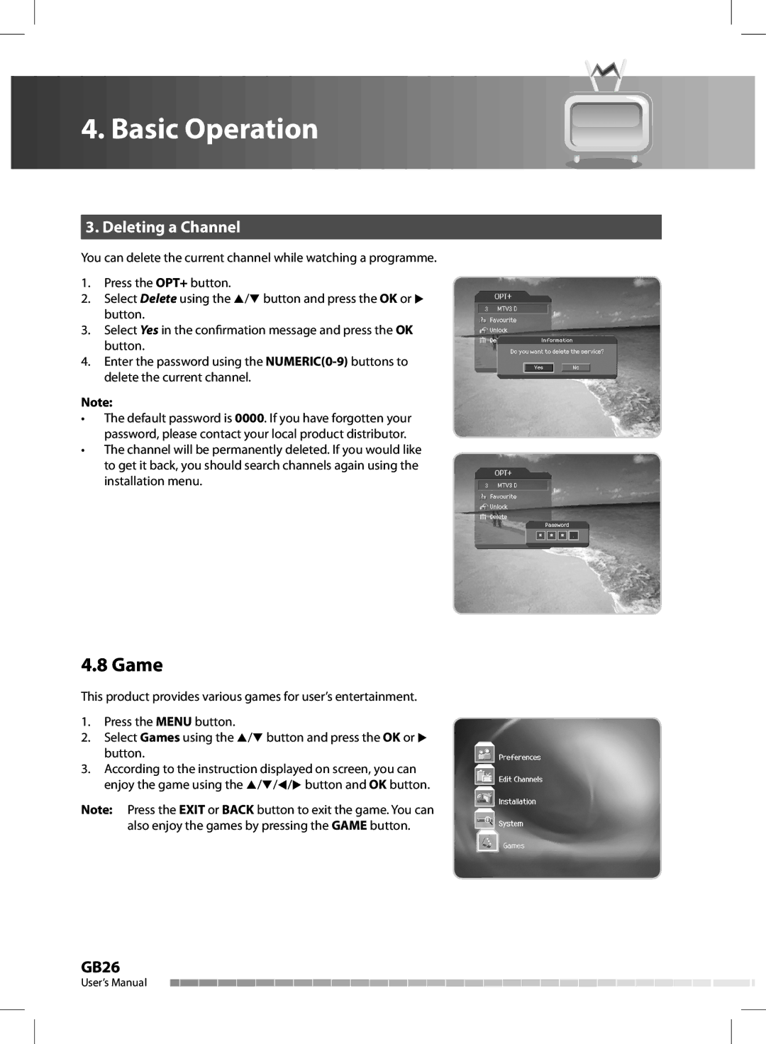 Humax CX-FOX C II manual Game, Deleting a Channel 