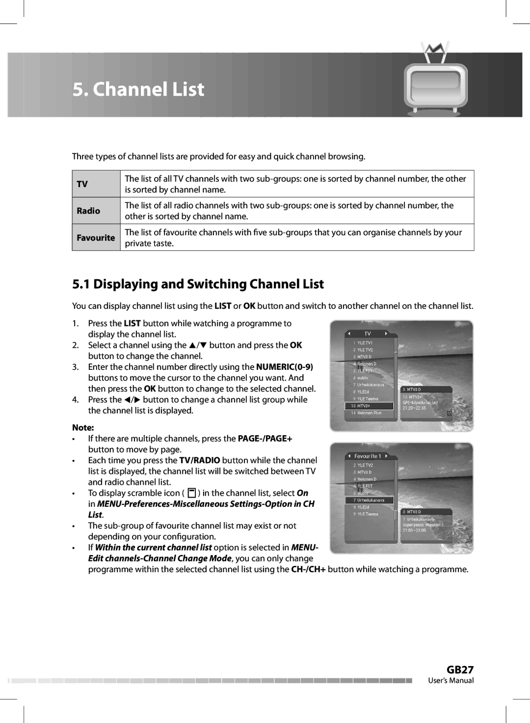 Humax CX-FOX C II manual Displaying and Switching Channel List, Radio Favourite 