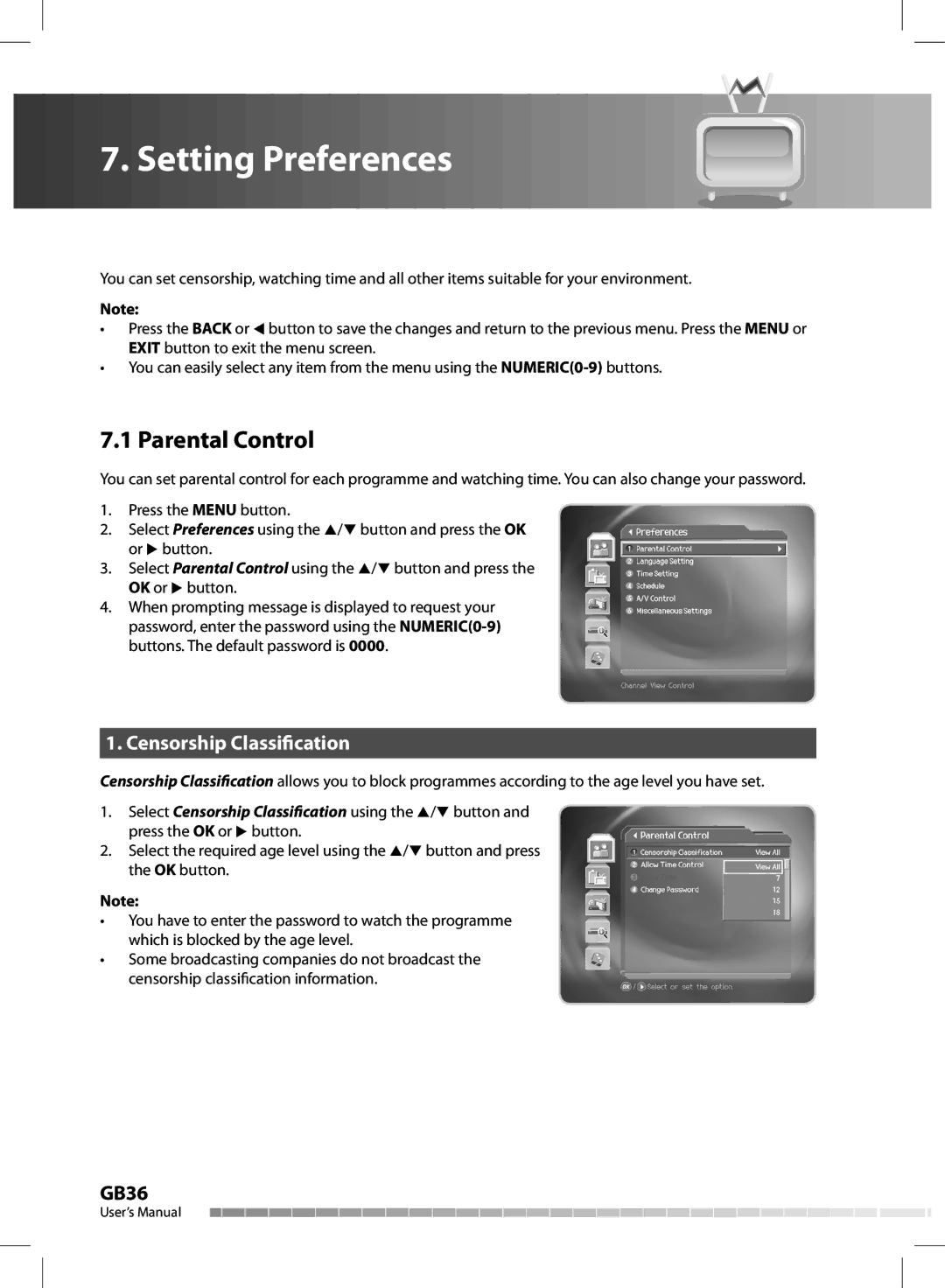 Humax CX-FOX C II manual Parental Control, Censorship Classication 