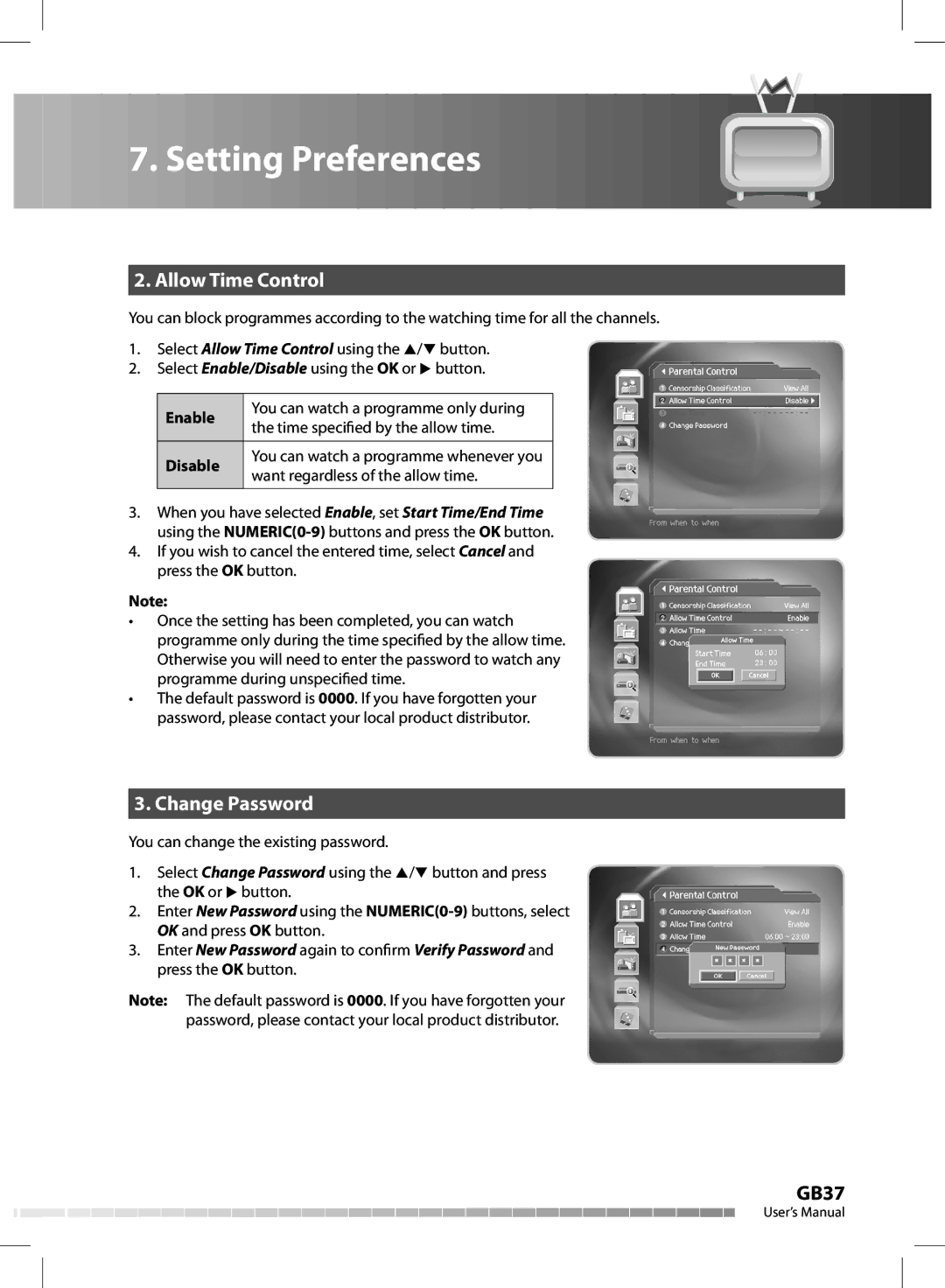 Humax CX-FOX C II manual Allow Time Control, Change Password, Enable Disable 