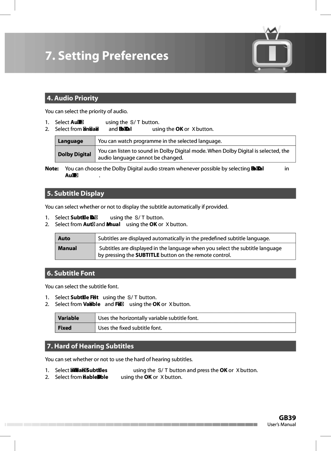 Humax CX-FOX C II manual Audio Priority, Subtitle Display, Subtitle Font, Hard of Hearing Subtitles 