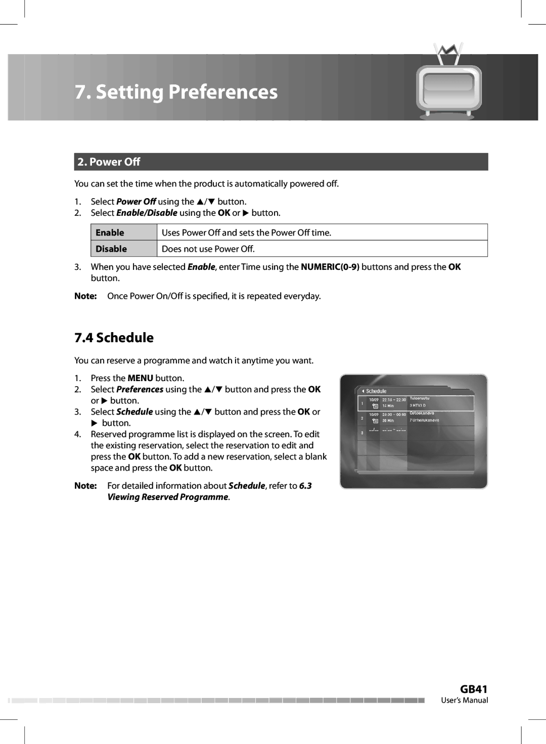 Humax CX-FOX C II manual Schedule, Power O, Enable, Disable 