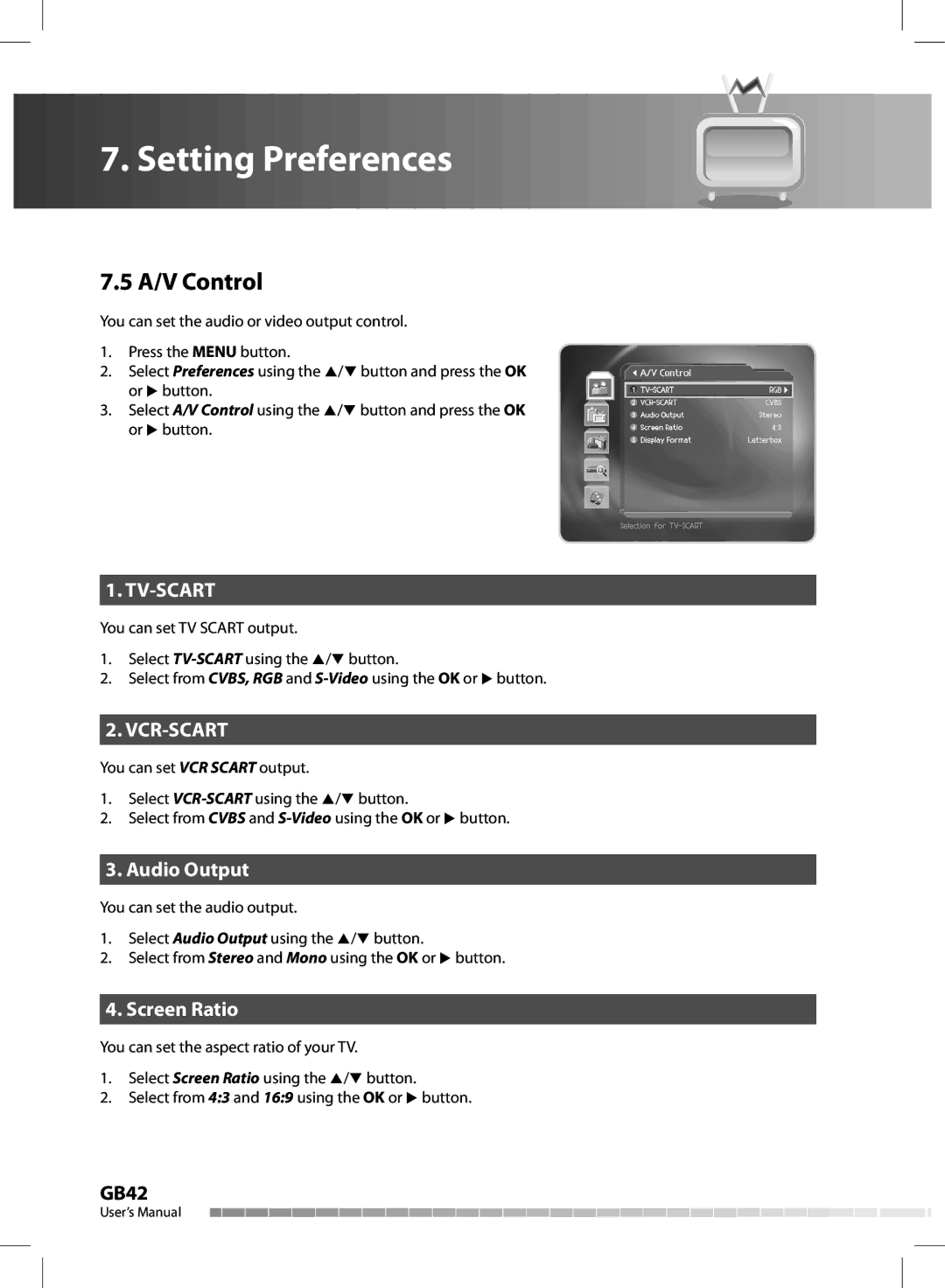 Humax CX-FOX C II manual A/V Control, Audio Output, Screen Ratio 