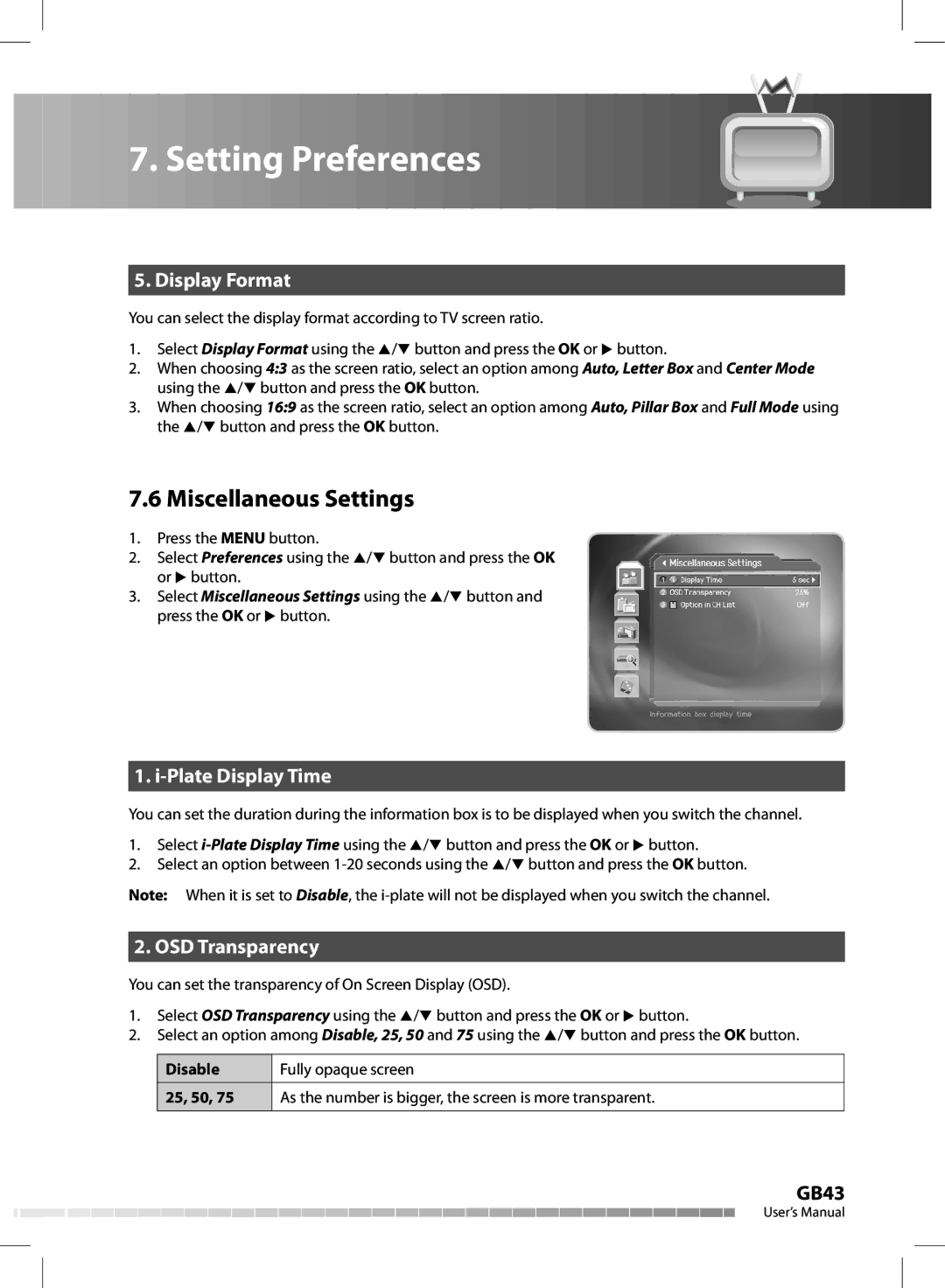 Humax CX-FOX C II manual Miscellaneous Settings, Display Format, Plate Display Time, OSD Transparency 