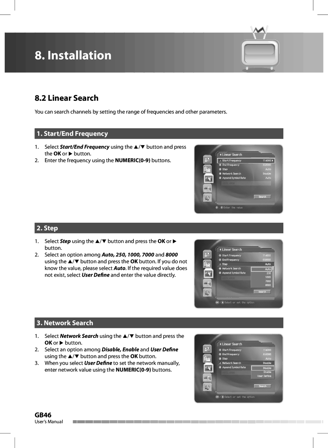 Humax CX-FOX C II manual Linear Search, Start/End Frequency, Step, Network Search 