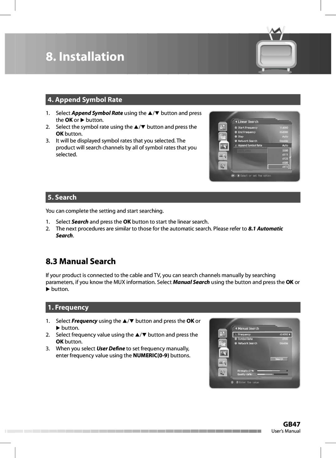 Humax CX-FOX C II manual Manual Search, Append Symbol Rate, Frequency 