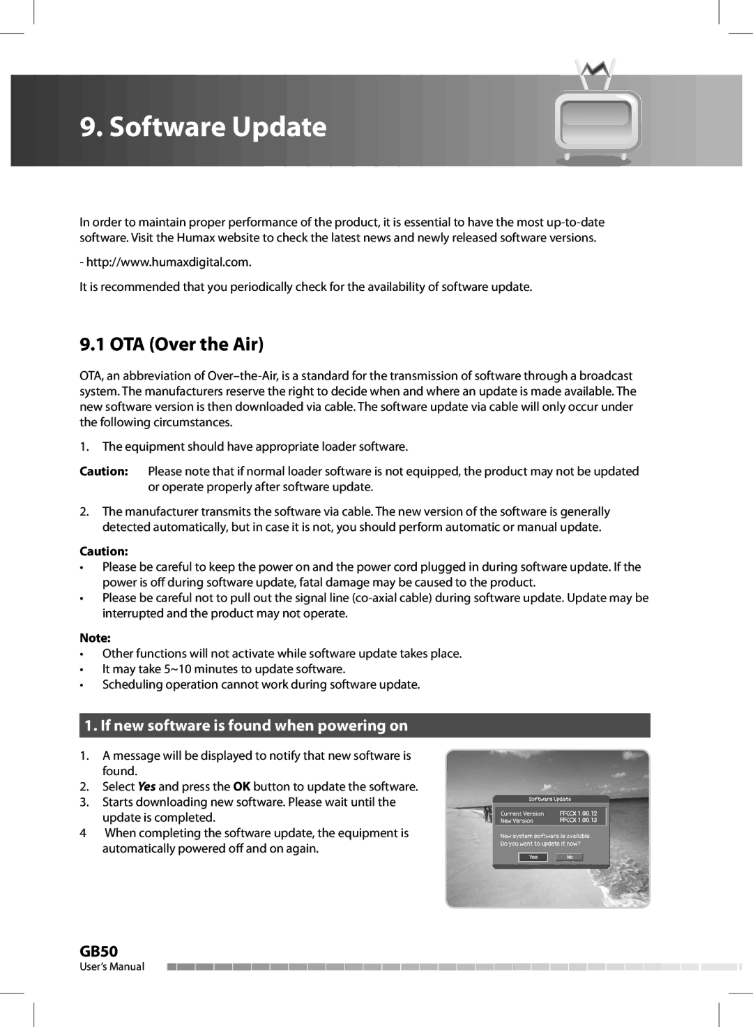 Humax CX-FOX C II manual OTA Over the Air, If new software is found when powering on 