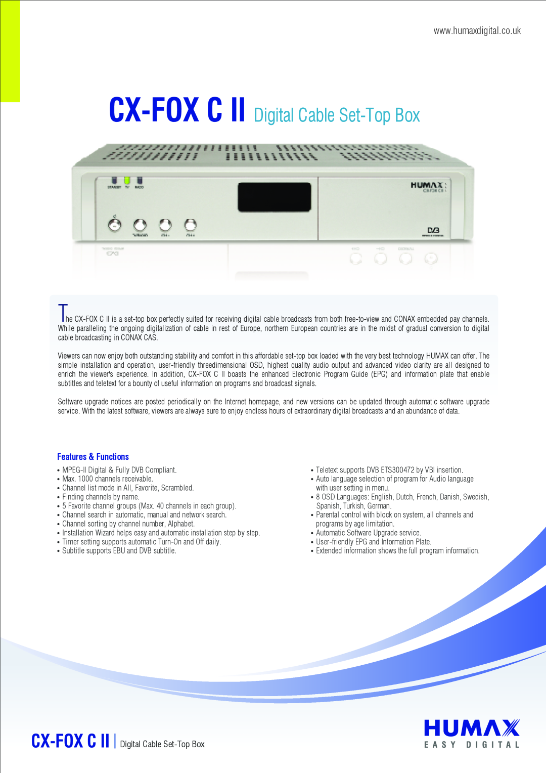 Humax user manual CX-FOX C II Digital Cable Set-Top Box, Cx-Fox C, Features & Functions 