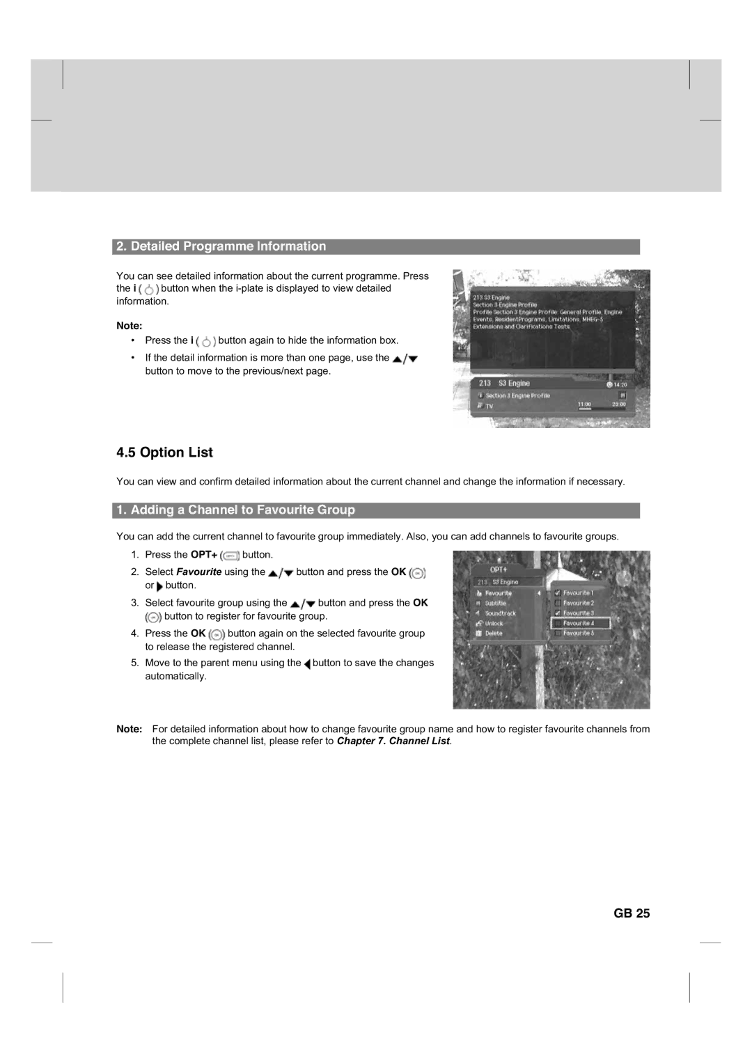 Humax CX PVR-9200C manual Option List, Detailed Programme Information, Adding a Channel to Favourite Group 