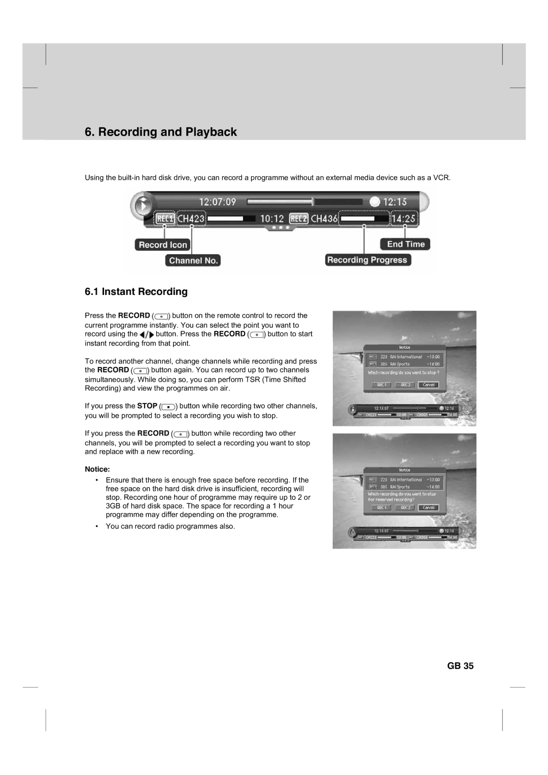 Humax CX PVR-9200C manual Recording and Playback, Instant Recording 