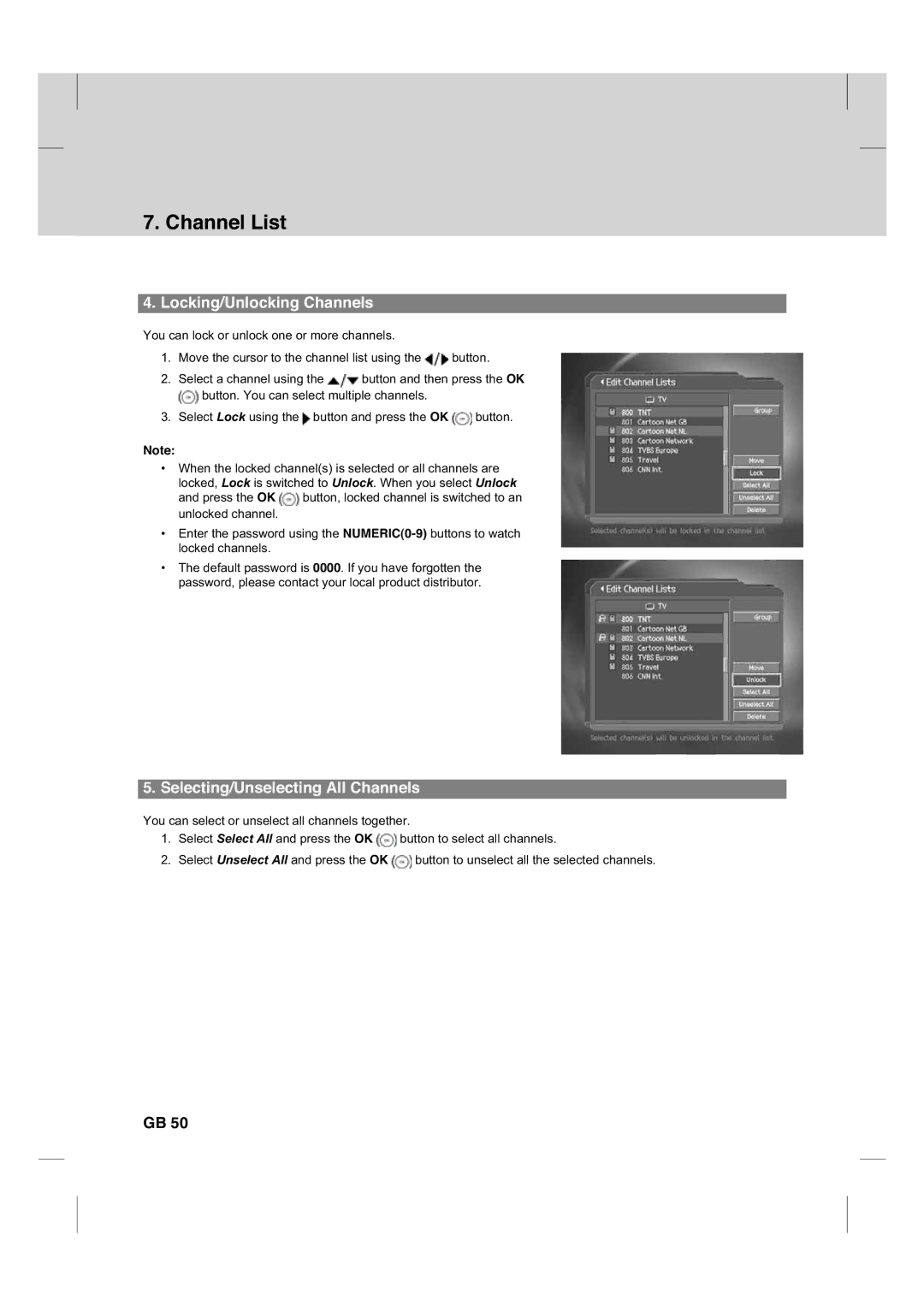 Humax CX PVR-9200C manual Locking/Unlocking Channels, Selecting/Unselecting All Channels 