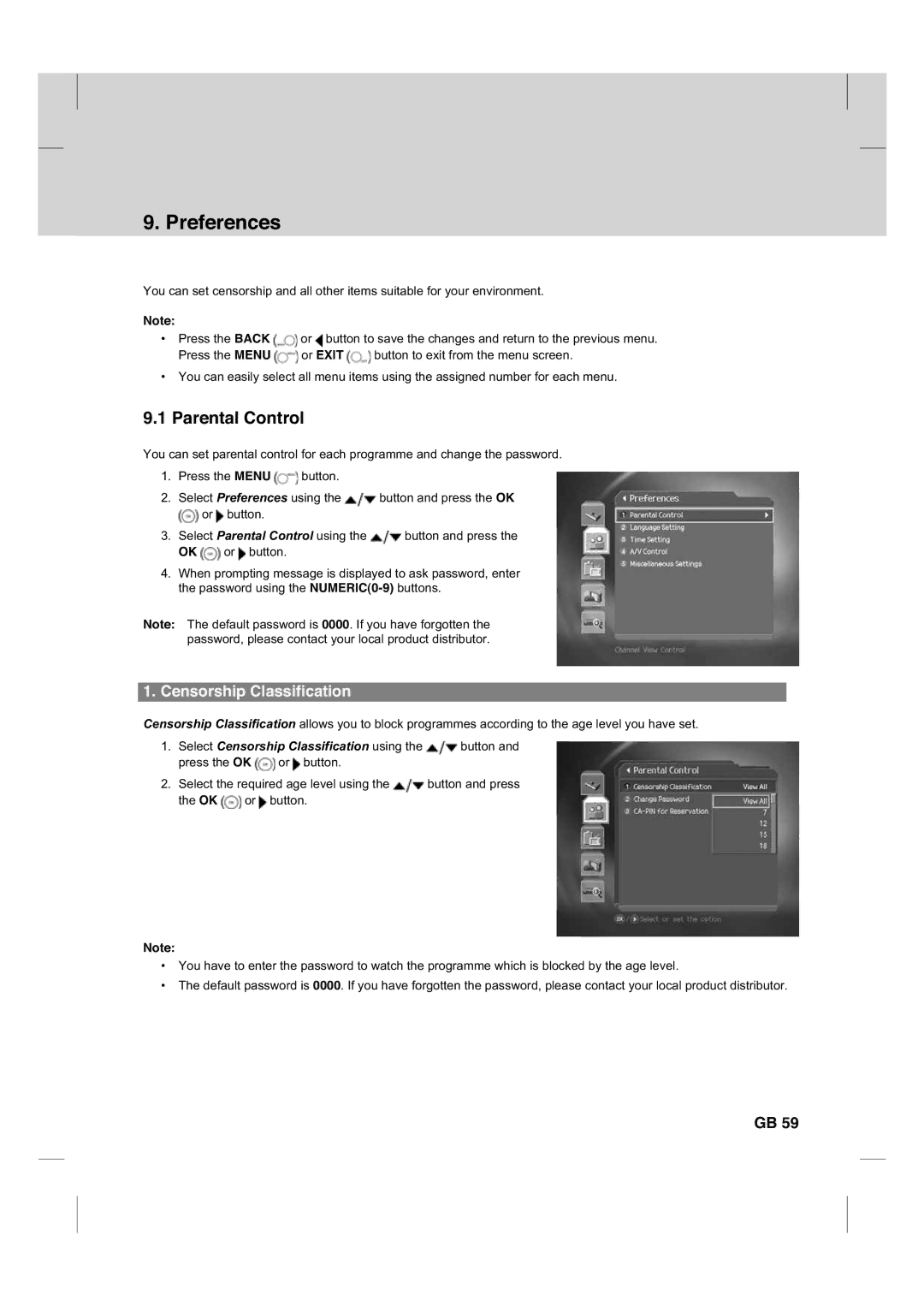 Humax CX PVR-9200C manual Preferences, Parental Control, Censorship Classification 