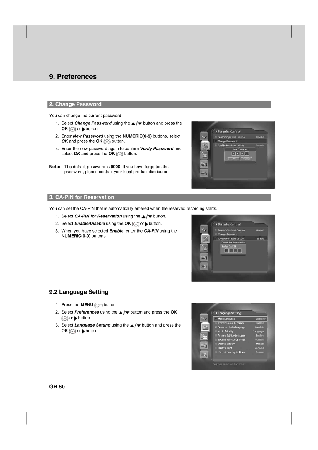 Humax CX PVR-9200C manual Language Setting, Change Password, CA-PIN for Reservation 