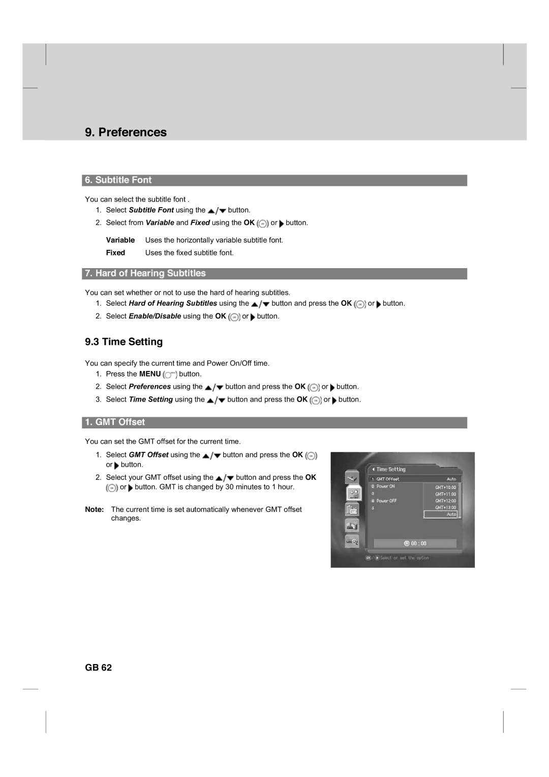 Humax CX PVR-9200C manual Subtitle Font, Hard of Hearing Subtitles, GMT Offset 