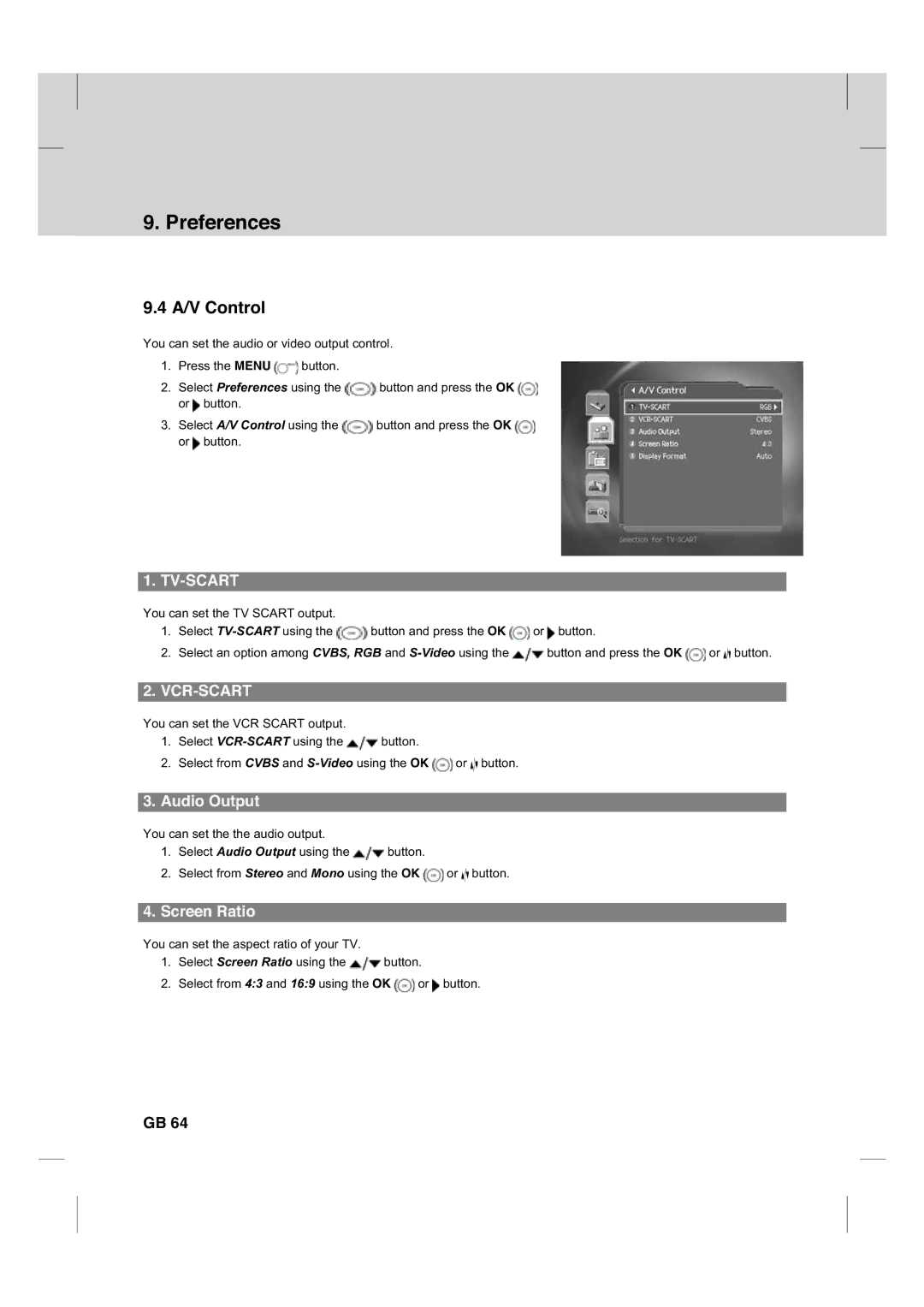 Humax CX PVR-9200C manual A/V Control, Audio Output, Screen Ratio 