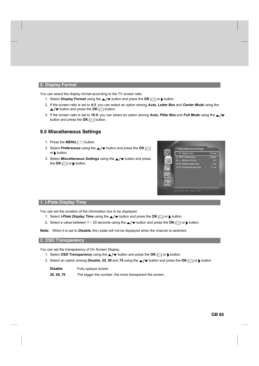 Humax CX PVR-9200C manual Miscellaneous Settings, Display Format, Plate Display Time, OSD Transparency, Disable 